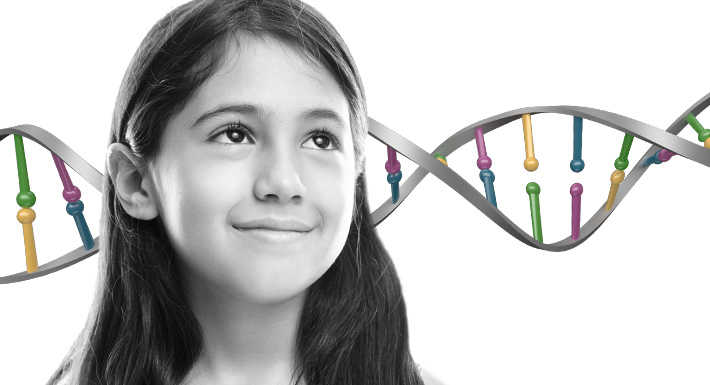 A black and white image of a young girl looking upwards. There is an image of a DNA strand behind her